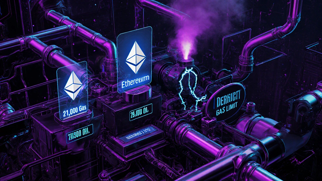 Red blockchain de Ethereum como un motor brillante con paquetes de gas de diferentes tamaños fluyendo por tuberías, una rota y derramando humo.