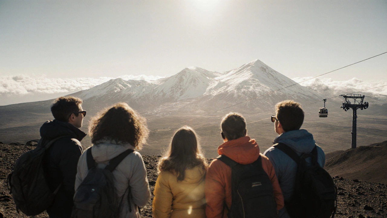 Senderistas en el mirador de La Rambleta, con el Pico del Teide al fondo y un paisaje volcánico infinito bajo el sol de mediodía.