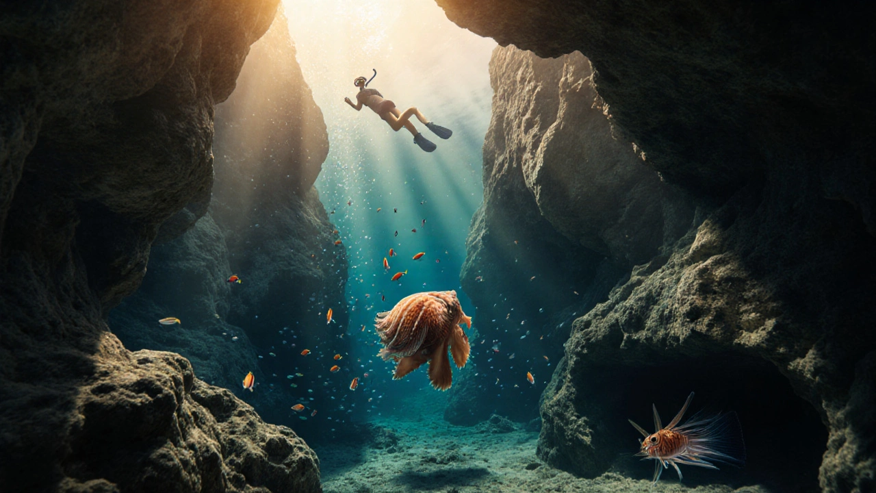 Snorkelador en Cala Montjoi observando un pez luna y una langosta entre rocas naturales.