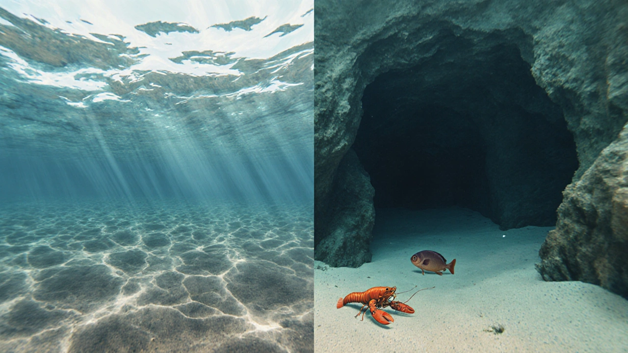 Transición entre aguas turbulentas y tranquilas en las Islas Medas, con una langosta saliendo de una cueva en la calma.