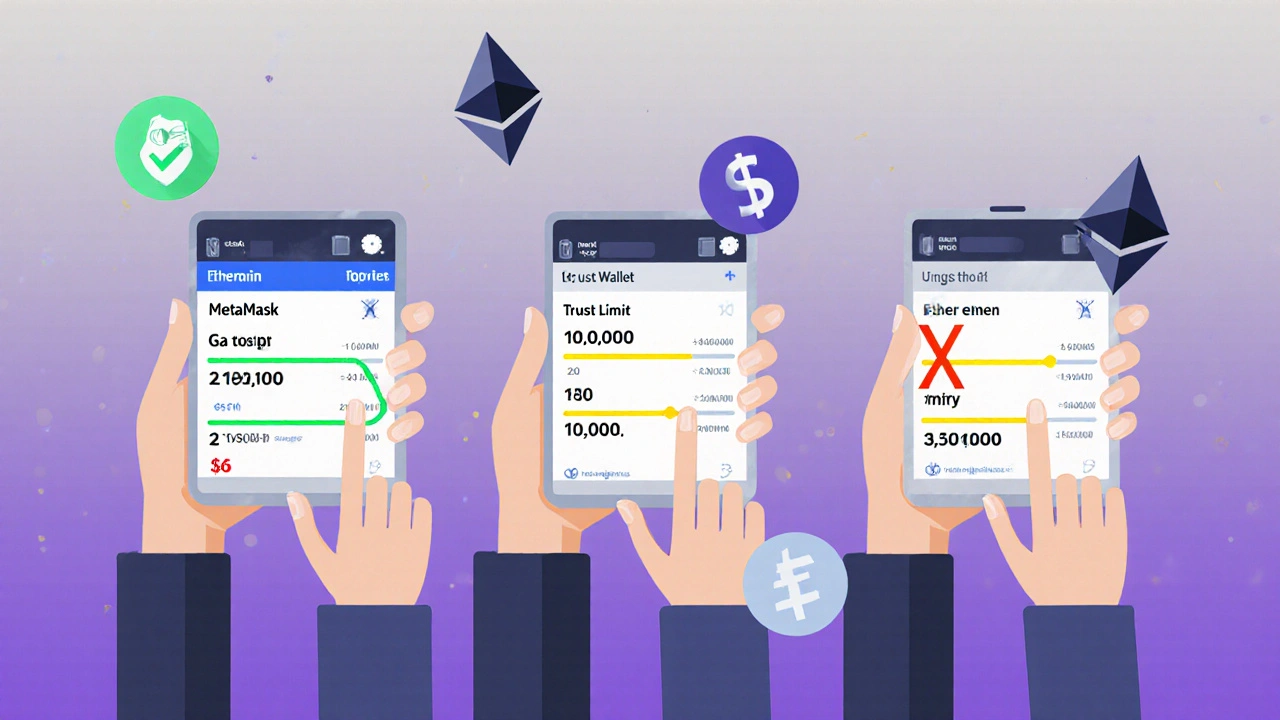 Tres billeteras digitales con deslizadores de límite de gas: uno verde, uno amarillo y uno rojo, con símbolos ETH flotando alrededor.
