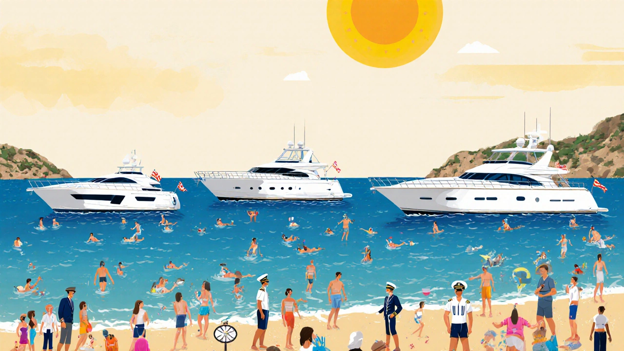 Tres yates en Ibiza durante el verano, con tripulantes y pasajeros disfrutando de calas escondidas y tráfico marítimo.