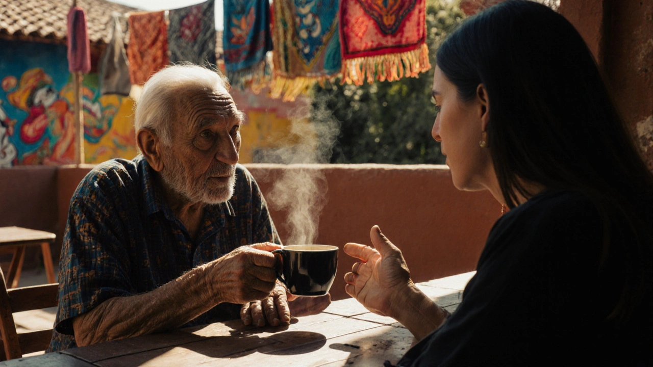 Un anciano y un viajero compartiendo café en una terraza colorida en Oaxaca.