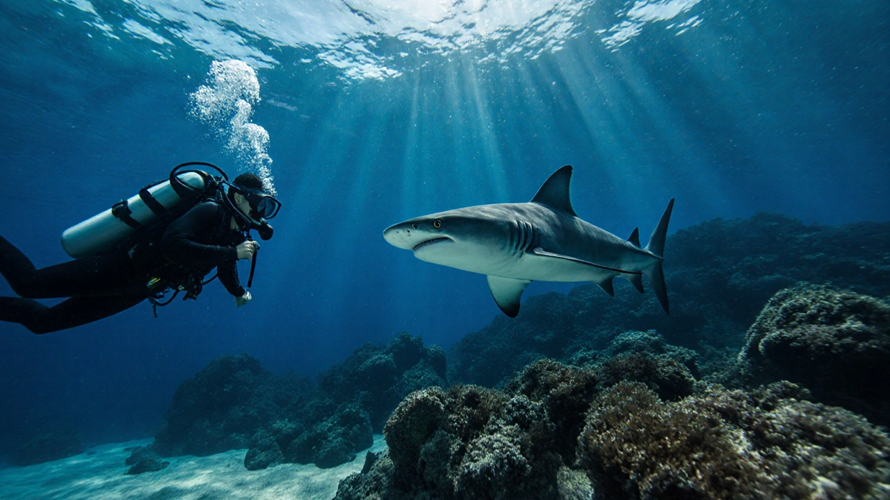 Un buceador observa en silencio a un tiburón martillo a tres metros de distancia, en un momento de conexión con la naturaleza.