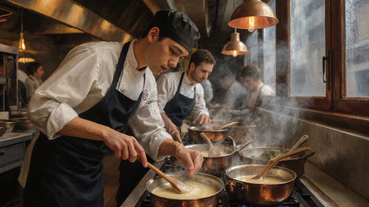Un instructor corrige la técnica de un estudiante mientras prepara una salsa bechamel en una cocina tradicional.