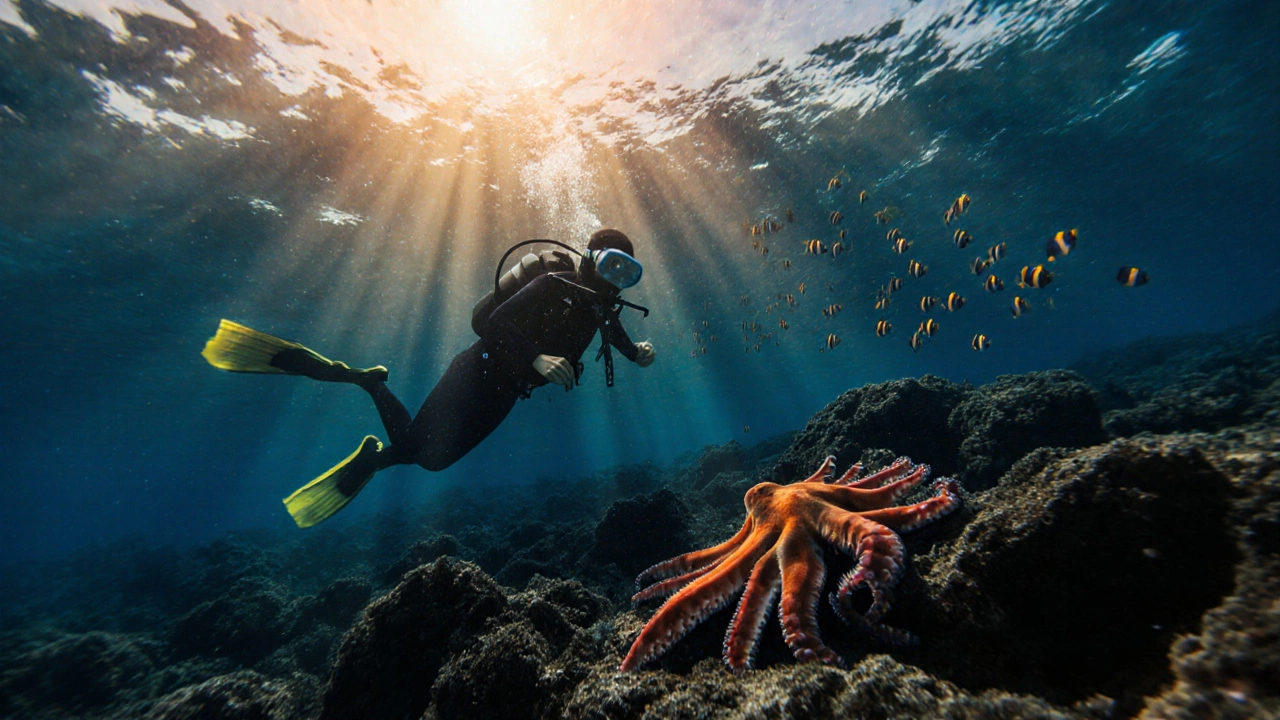 Un pulpo emerge de una cueva al atardecer, iluminado por rayos de sol dorados en el fondo marino de Cadaqués.