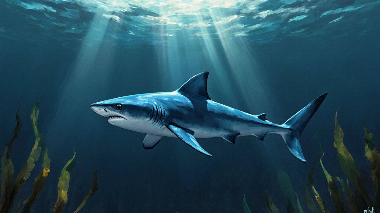 Un tiburón azul deslizándose en aguas profundas cerca de El Port de la Selva, rodeado de algas y luz solar.