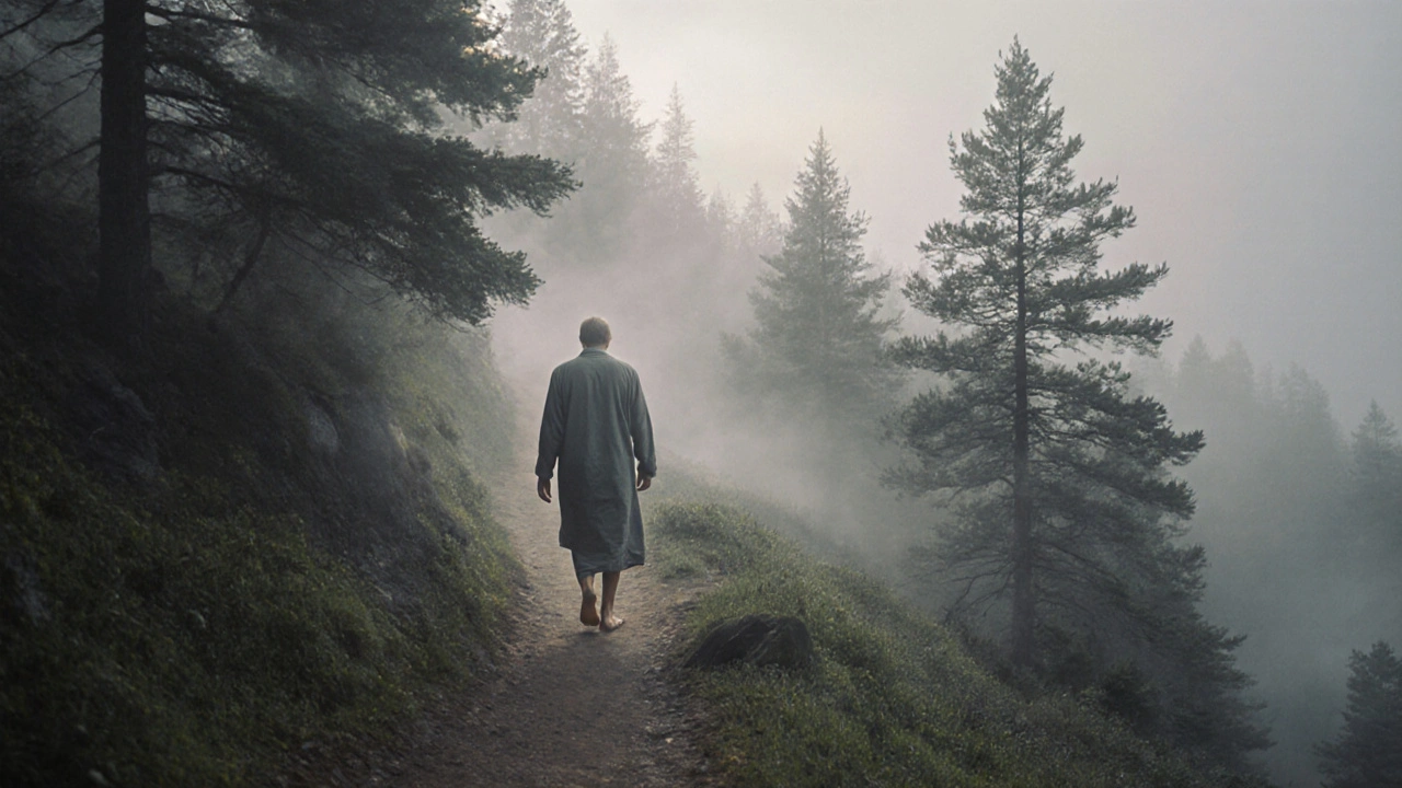 Una figura caminando descalza por un sendero montañoso neblinoso al amanecer.