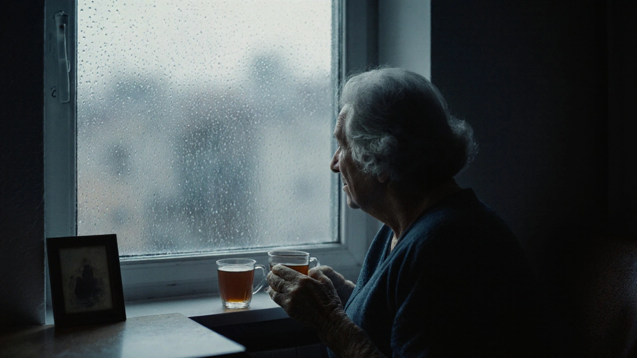 Una mujer mayor junto a una ventana con lluvia, sosteniendo una taza de té, su reflejo en el cristal.