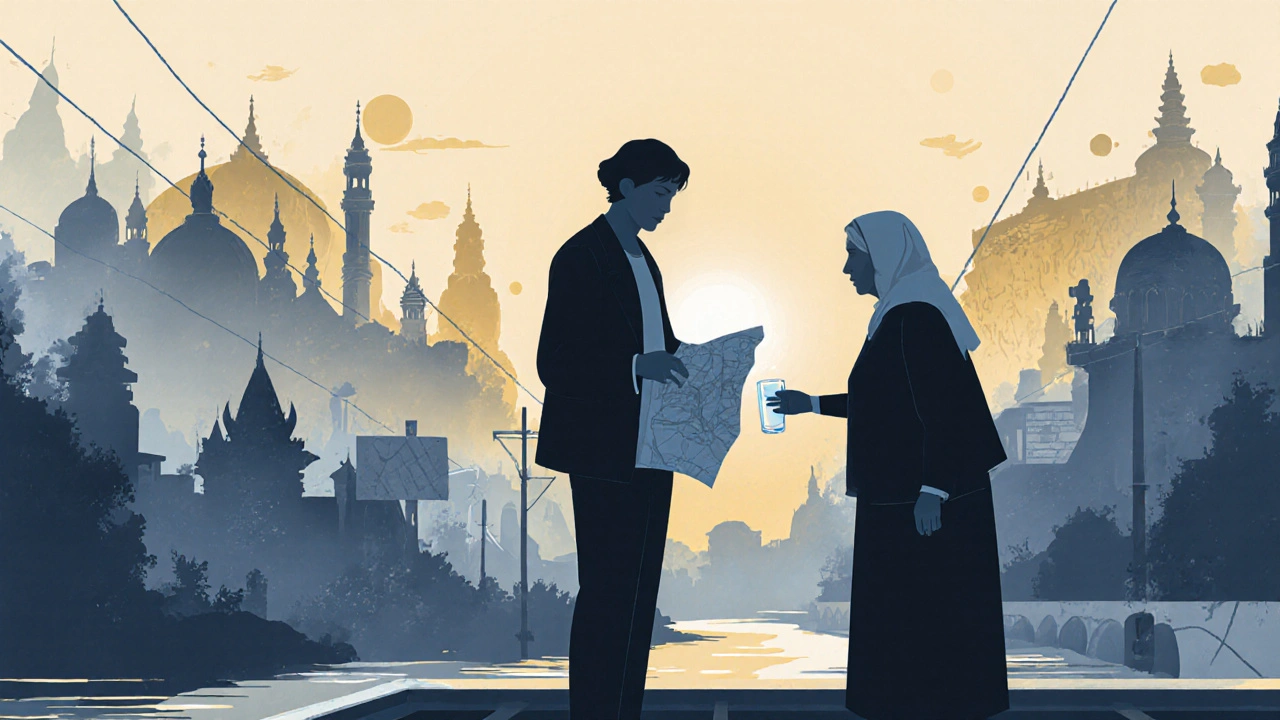 Una mujer mayor ofrece agua a un viajero en una estación de tren en Sicilia, al amanecer.