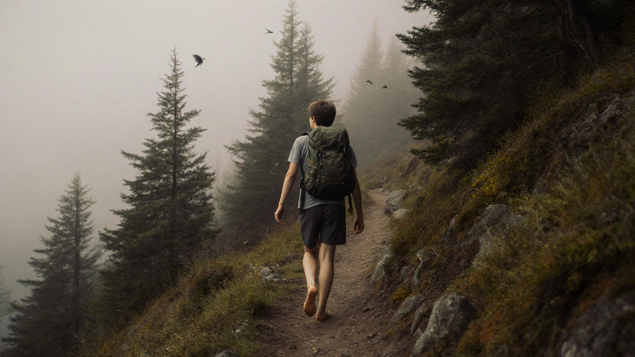 Una persona caminando descalza por un sendero montañoso neblinoso, sin teléfono, con ojos llenos de asombro.