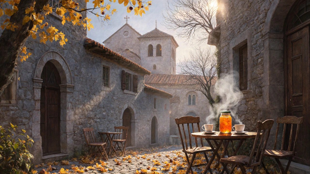 Valldemossa en otoño con hojas doradas cubriendo las calles de piedra y un monasterio al fondo.