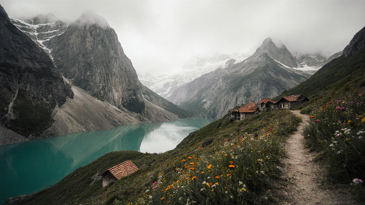 Valle de Ordesa con lagos esmeralda y acantilados rocosos, sendero serpenteante entre flores silvestres y nubes bajas.