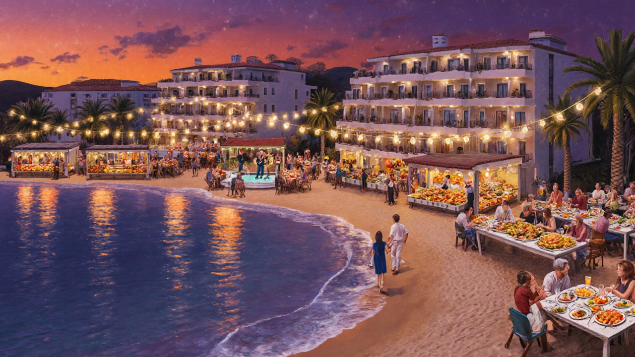 Vista nocturna de un complejo turístico en Mallorca con bufés, música en vivo y parejas caminando por la playa bajo luces tenues.