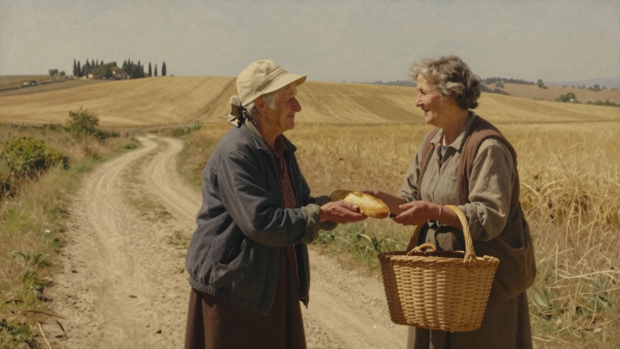 Anciana italiana ofrece pan recién horneado a un viajero en un sendero campestre.