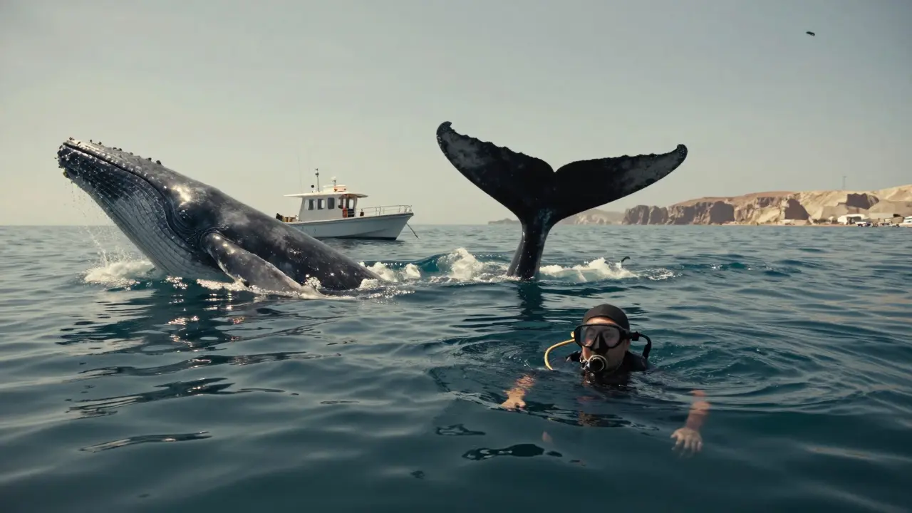 Ballena jorobada emergiendo cerca de un buceador en La Paz, México, bajo un cielo despejado y aguas tranquilas.