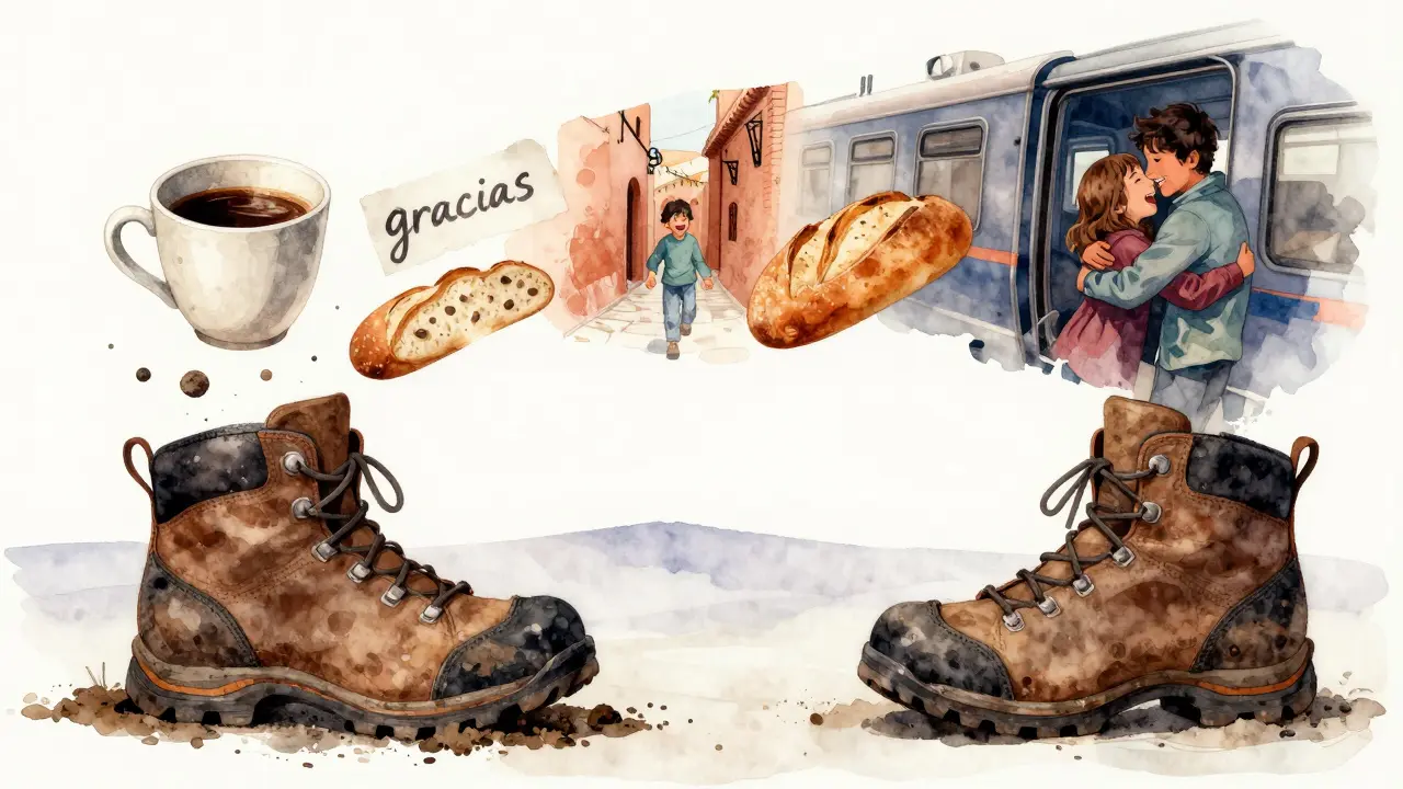 Botas de senderismo llenas de recuerdos flotantes: café, abrazos, risas y pan, disolviéndose en el horizonte.