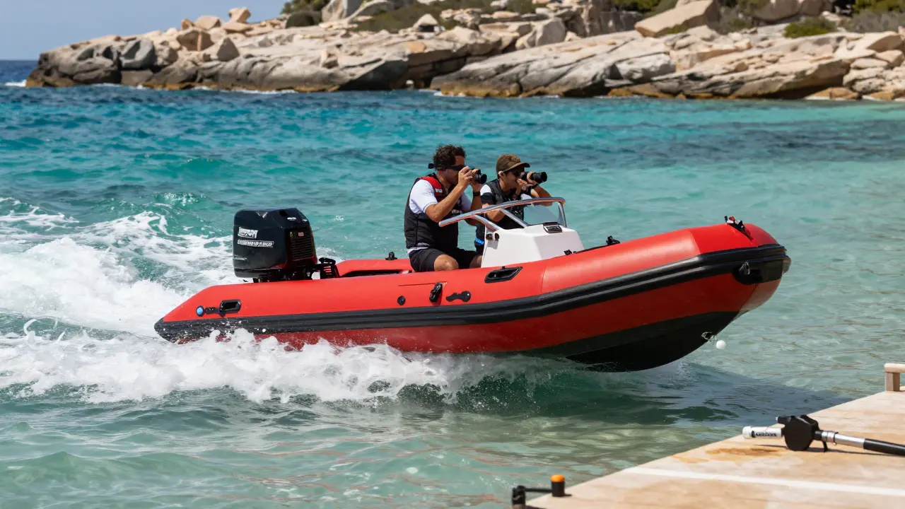 Bote RIB rojo de alta velocidad surcando aguas turquesas cerca de Cala Comte, con pasajeros sonrientes.