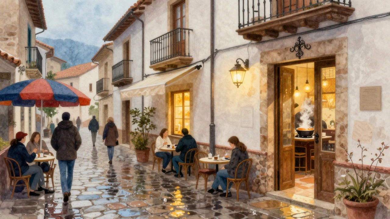 Calle empedrada de un pueblo mallorquín en noviembre, personas con paraguas y luces cálidas saliendo de cafés bajo techo.