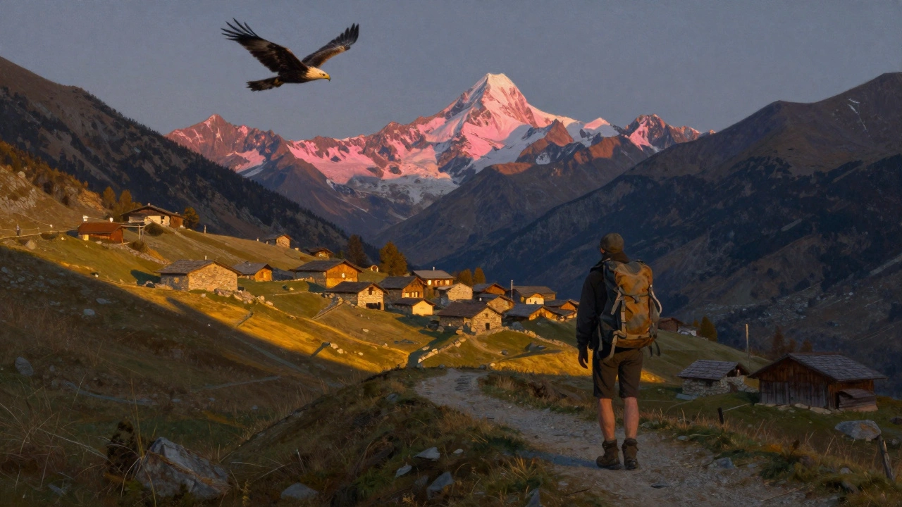 Caminante solitario en una cresta de los Pirineos al atardecer, con aldeas y refugios en la distancia.