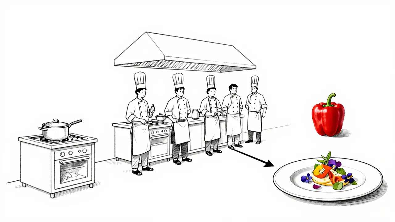 Camino visual del aprendizaje culinario: desde casa hasta un plato estrella Michelin, en estilo de línea minimalista.