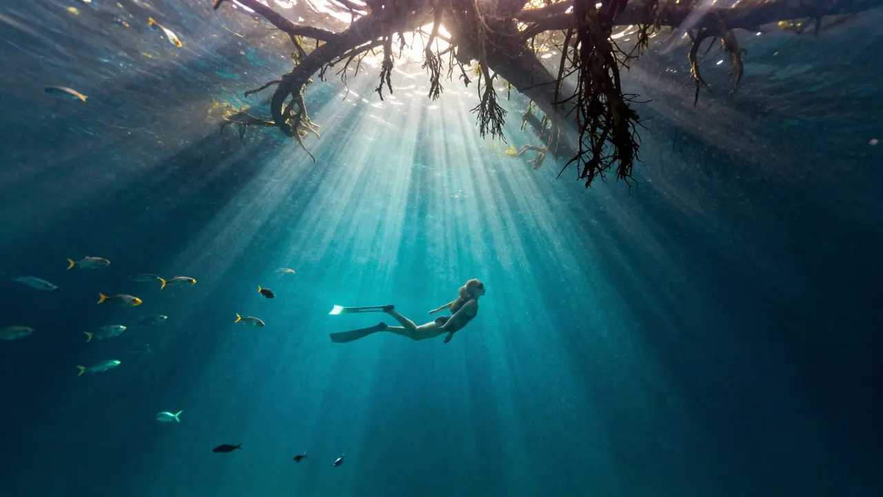 Cenote subterráneo en la Riviera Maya iluminado por haces de luz solar que atraviesan el agua cristalina y raíces colgantes.