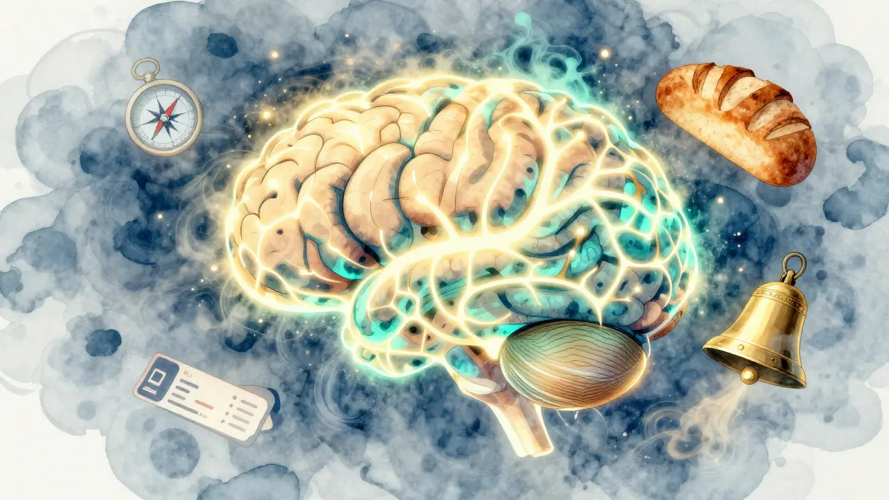 Cerebro humano con vías neuronales iluminadas y símbolos de viaje flotando alrededor.