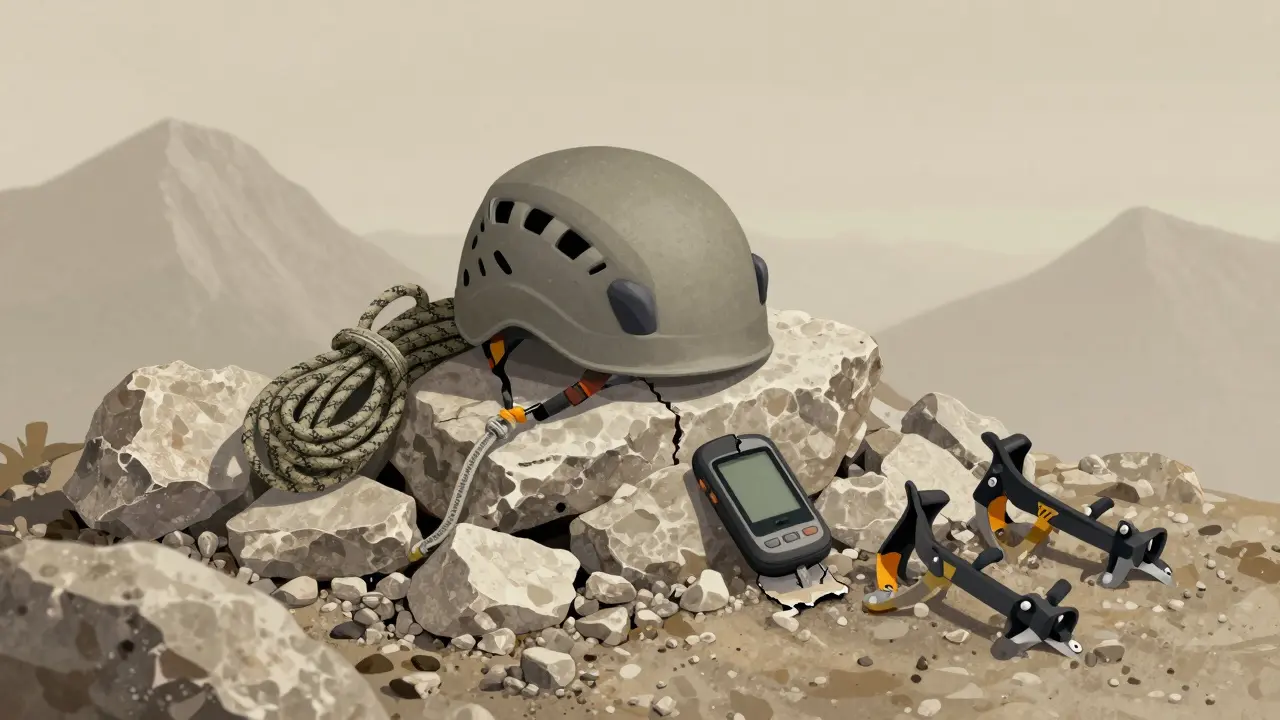 Climber's helmet and gear abandoned on loose rocks at the summit of Pico de la Mota.
