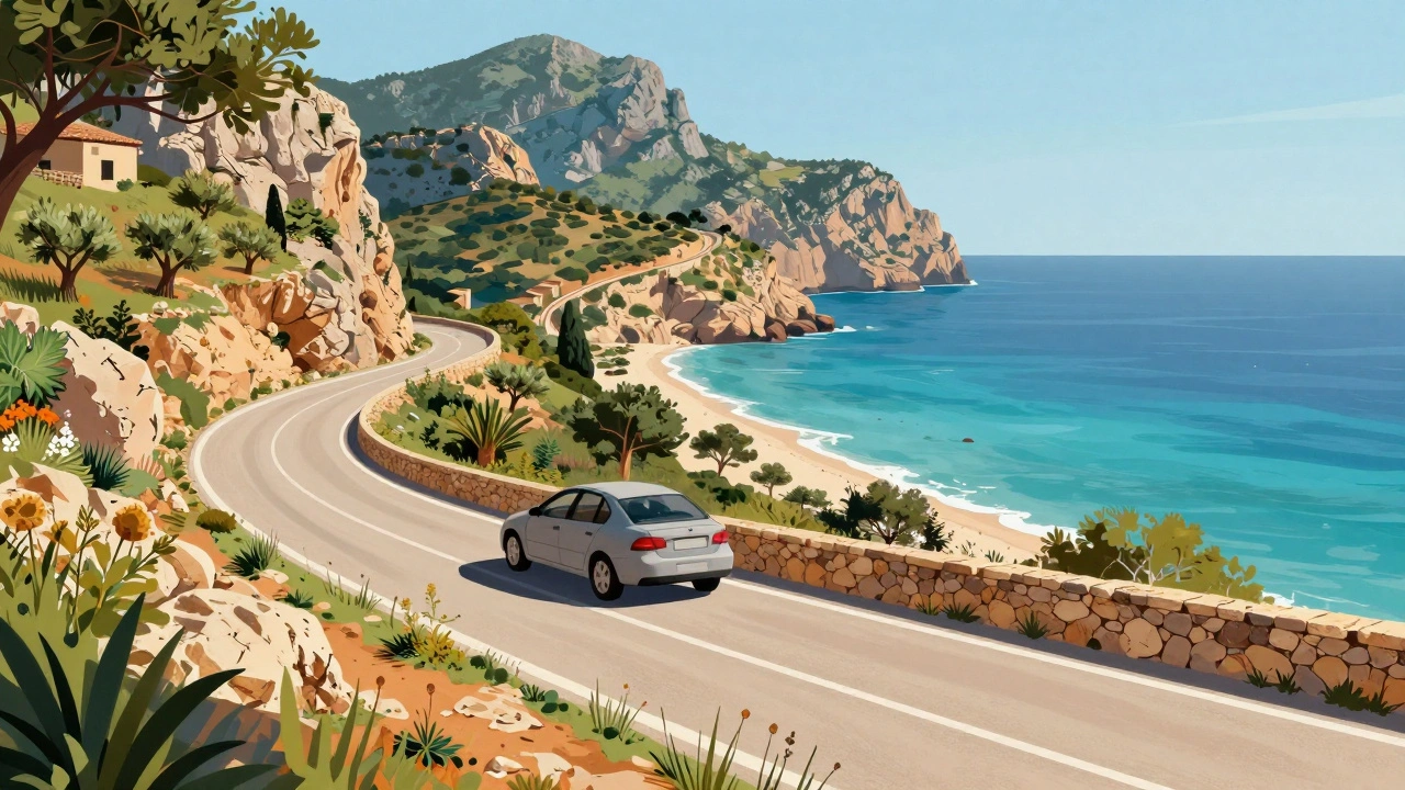 Coche alquilado junto a un mirador en Mallorca con vistas al mar Mediterráneo.