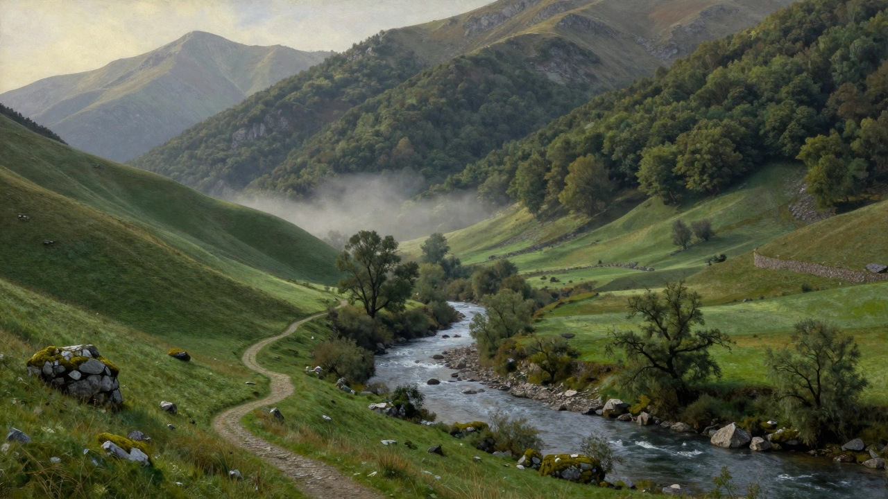 Colinas verdes de Navarra ascendiendo suavemente hacia las primeras elevaciones de los Pirineos.