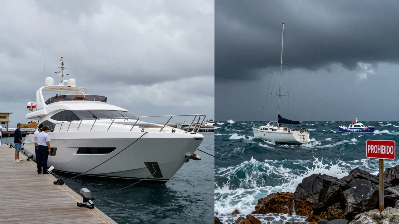 Comparación: yate seguro en el puerto vs. yate en peligro anclado cerca de rocas con autoridades marítimas acercándose.