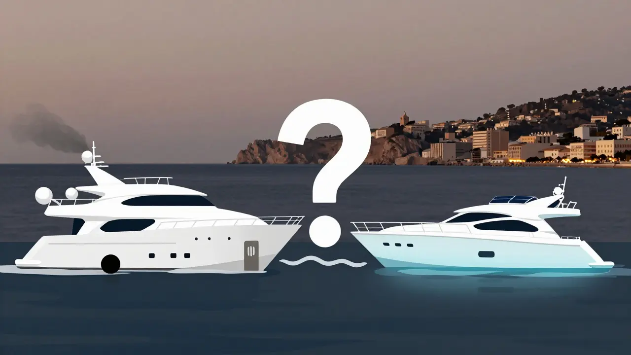 Contraste entre un yate diésel con humo y un yate eléctrico con paneles solares, frente al horizonte de Ibiza.