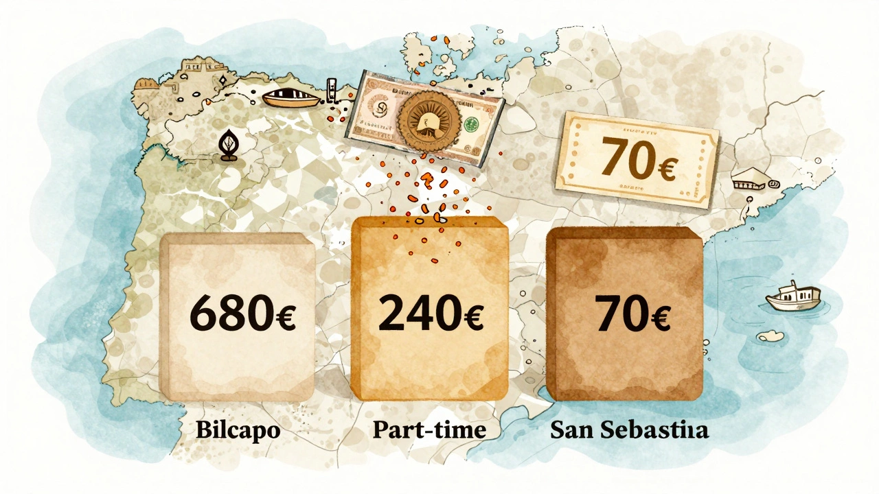 Desglose artístico del ingreso mensual de un camarero con sueldo, propinas y comida incluida, sobre mapa de España.