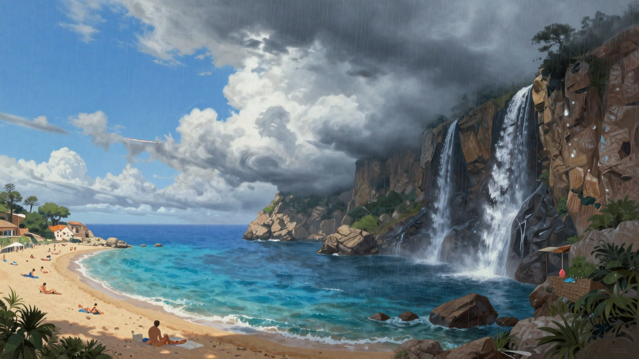 Doble paisaje: playa soleada a la izquierda y montañas lluviosas a la derecha, conectadas por una nube que simboliza el clima contrastante.