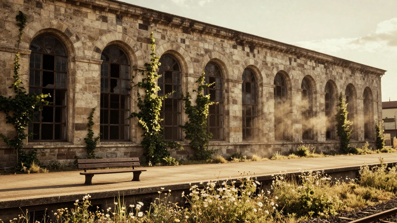 Estación abandonada de Canfranc al atardecer, con vides y un banco solitario junto a las vías.