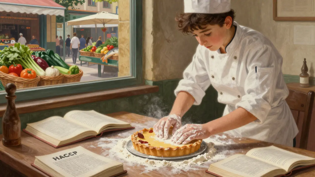 Estudiante de cocina en Bilbao preparando una tarta vasca, con mercados y libros alrededor en luz matutina.