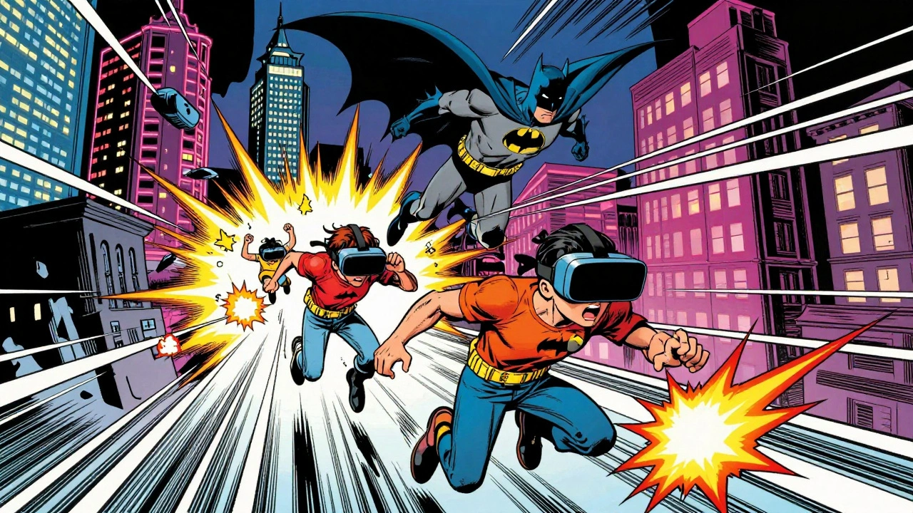 Familia viviendo una persecución de Batman en realidad virtual con efectos de explosiones y ciudad de Gotham alrededor.