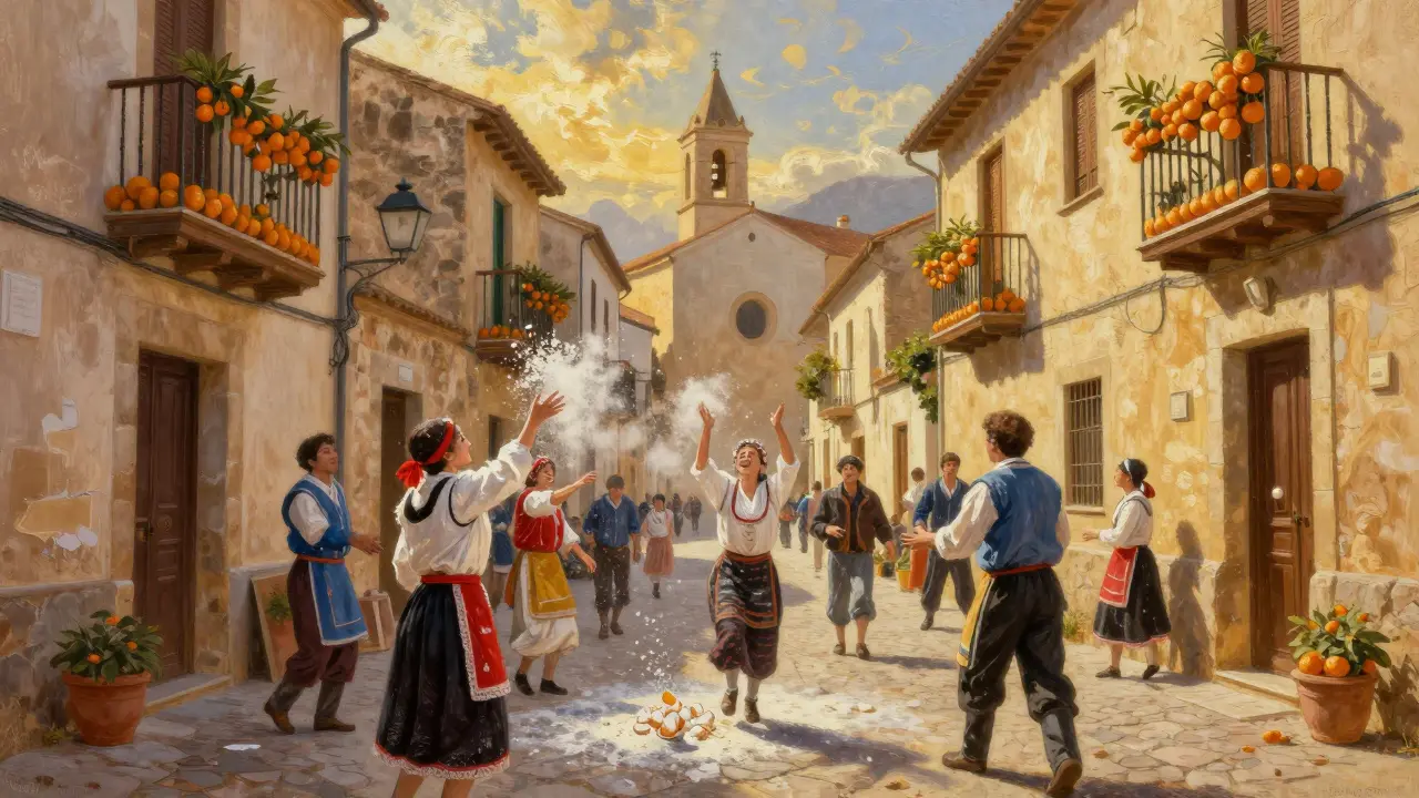 Fiesta local en Sóller donde personas lanzan harina y huevos en las calles empedradas durante el invierno.
