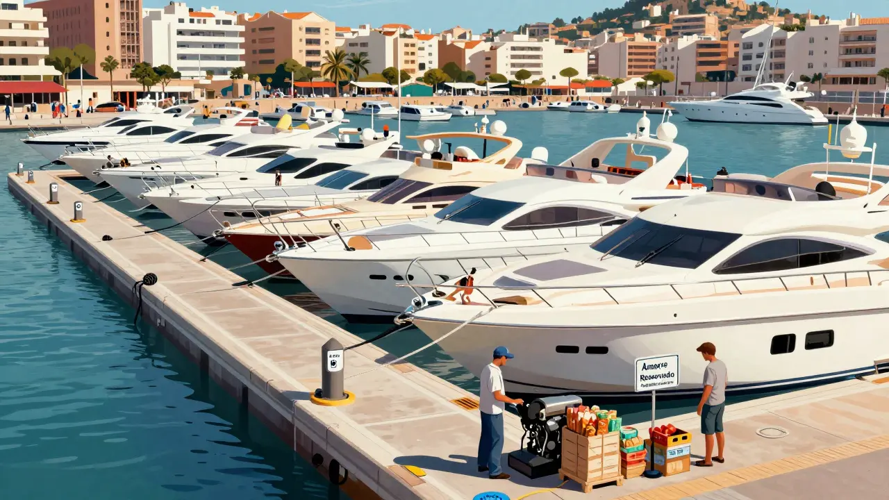 Filas de yates en el muelle de Ibiza durante temporada alta, con conexiones eléctricas, agua y tripulantes trabajando.