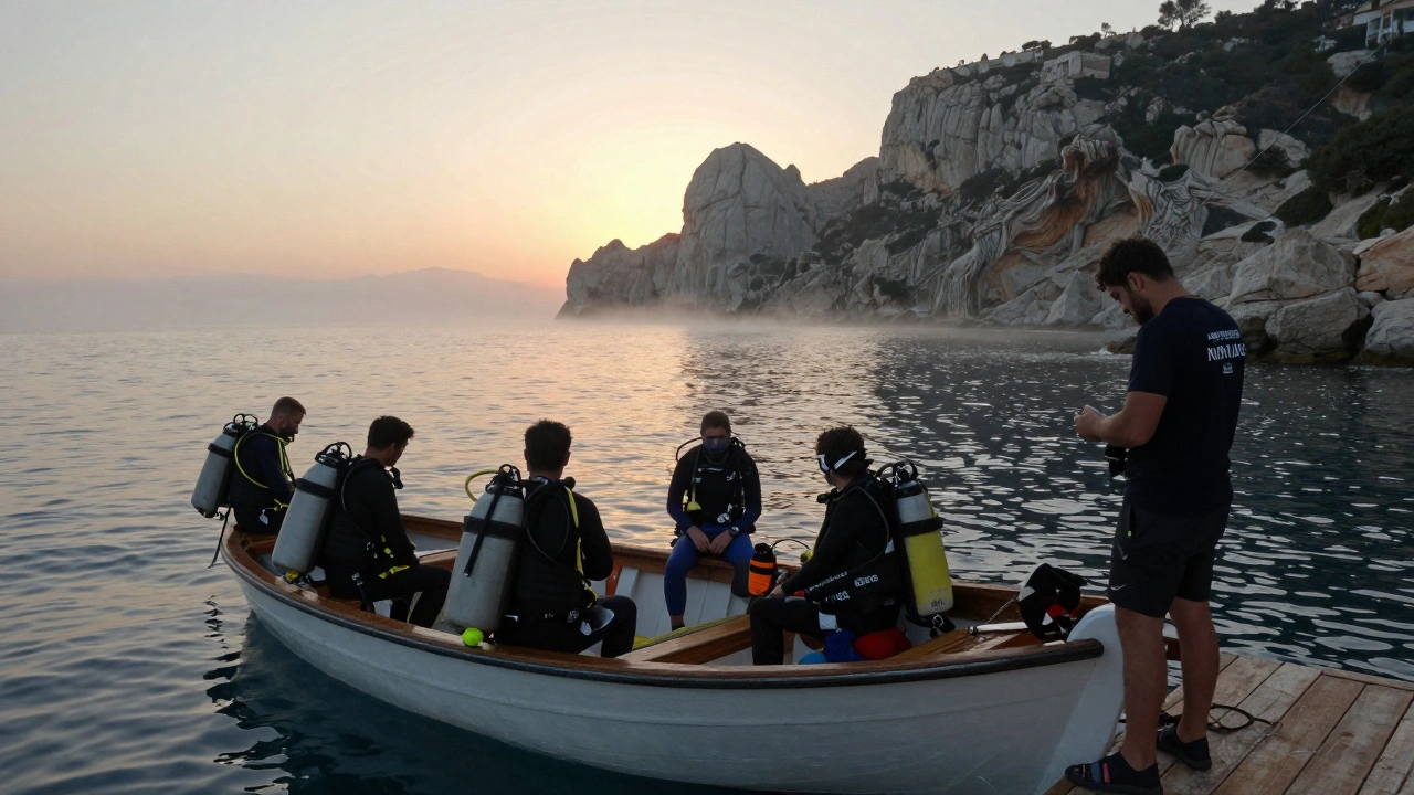 Grupo de buceadores en un bote al amanecer cerca de Cala Montjoi, listos para sumergirse en aguas frías y tranquilas.