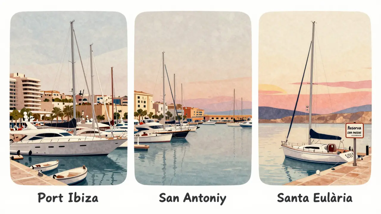 Ilustración comparativa de tres puertos de Ibiza: Ibiza ciudad, San Antonio y Santa Eulària, con distintos niveles de afluencia y servicios.