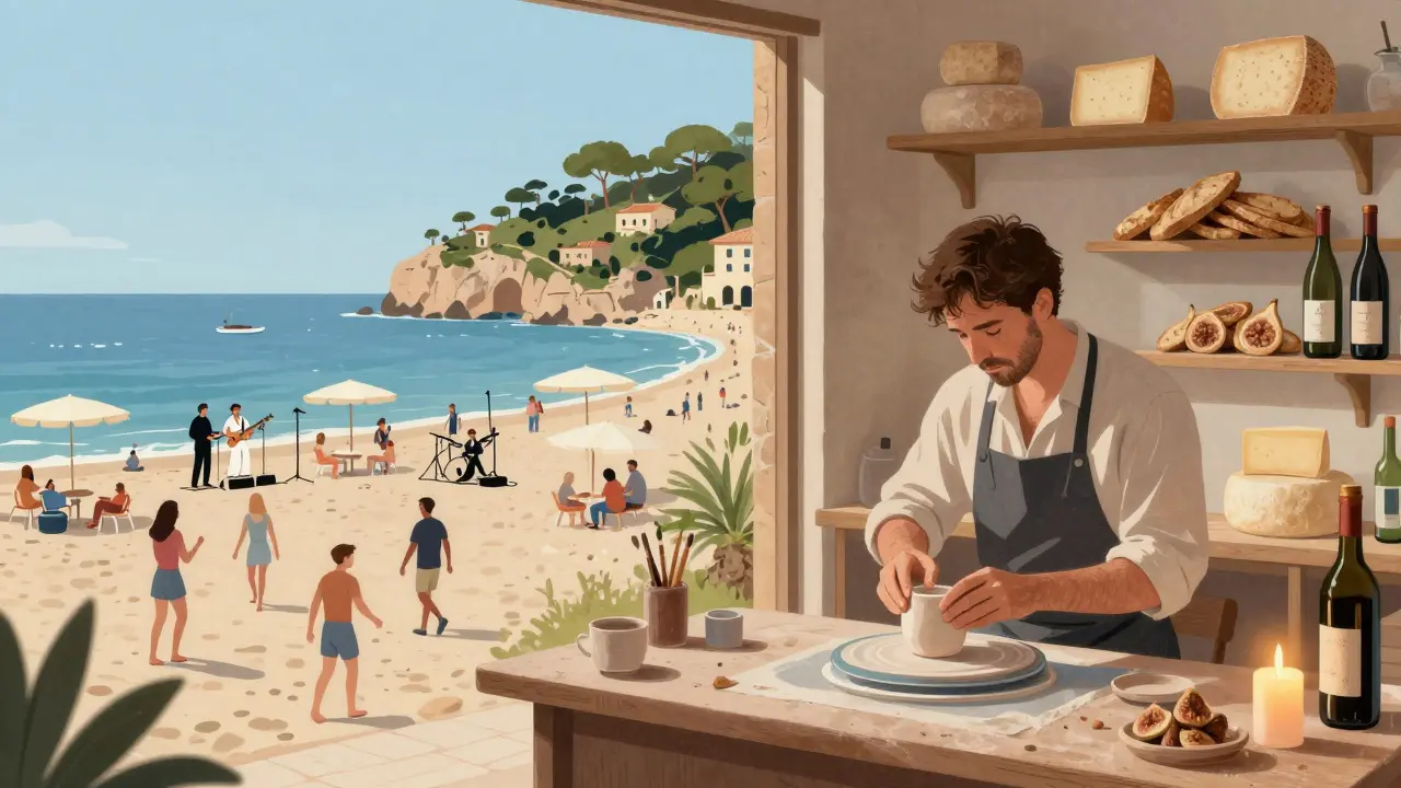 Ilustración comparativa: playa llena de turistas vs. taller artesanal tranquilo con productos locales de Mallorca.