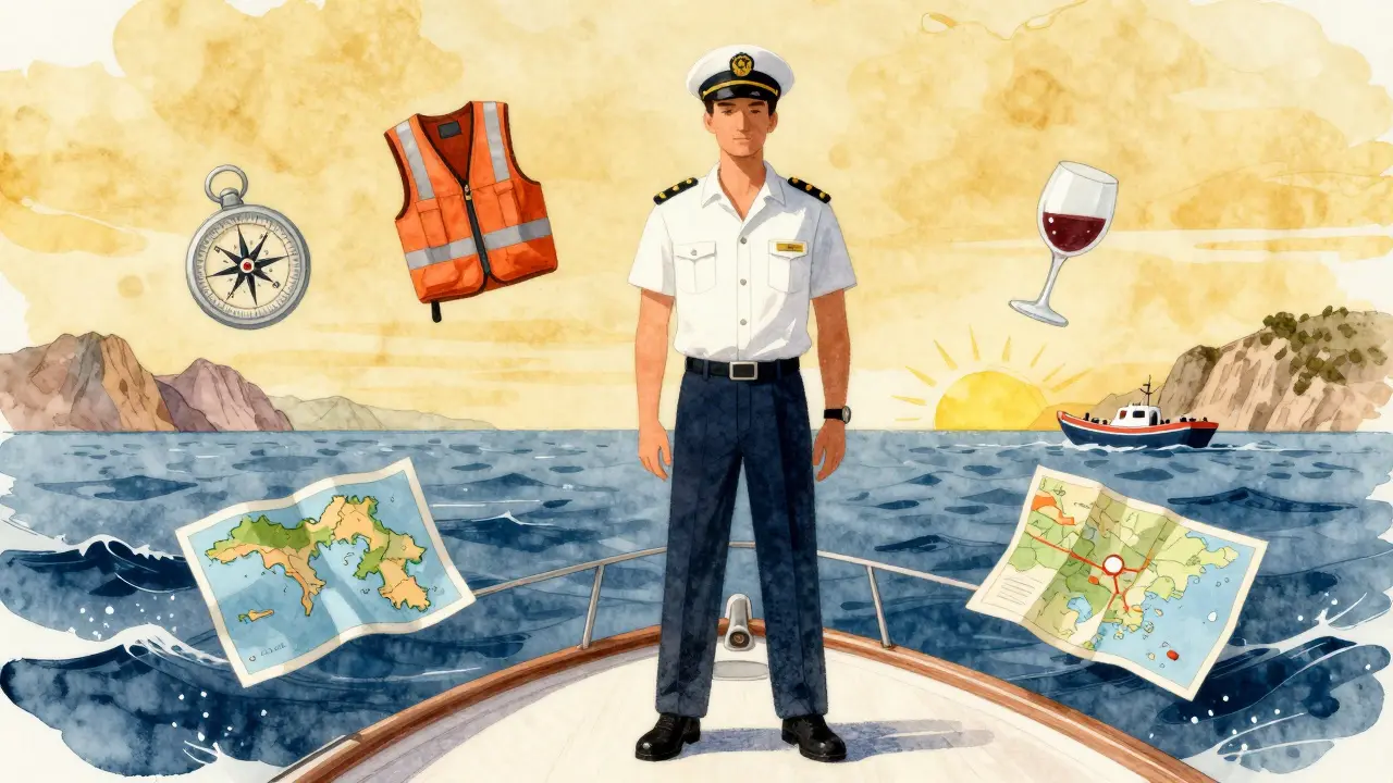 Ilustración simbólica de un capitán como guardián de la seguridad y el lujo, rodeado de íconos náuticos en un mar tormentoso.