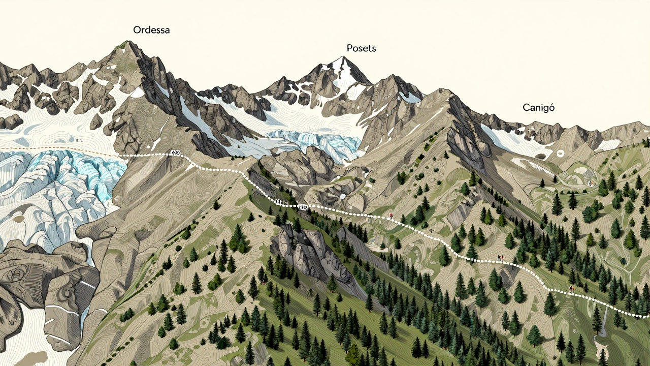 Ilustración topográfica de los Pirineos con zonas geográficas y ruta de 430 km marcada entre picos y valles.