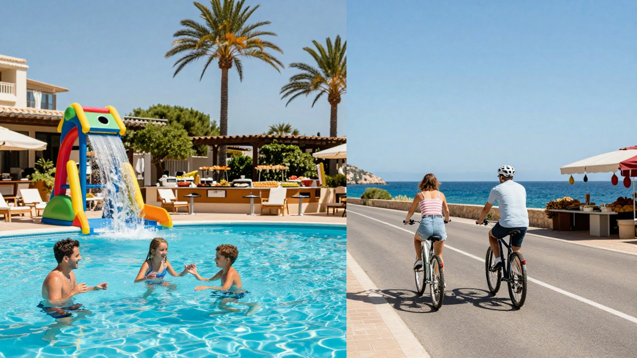 Imagen dividida: familia en resort vs. pareja en bici por la costa, representando dos formas de vacacionar.