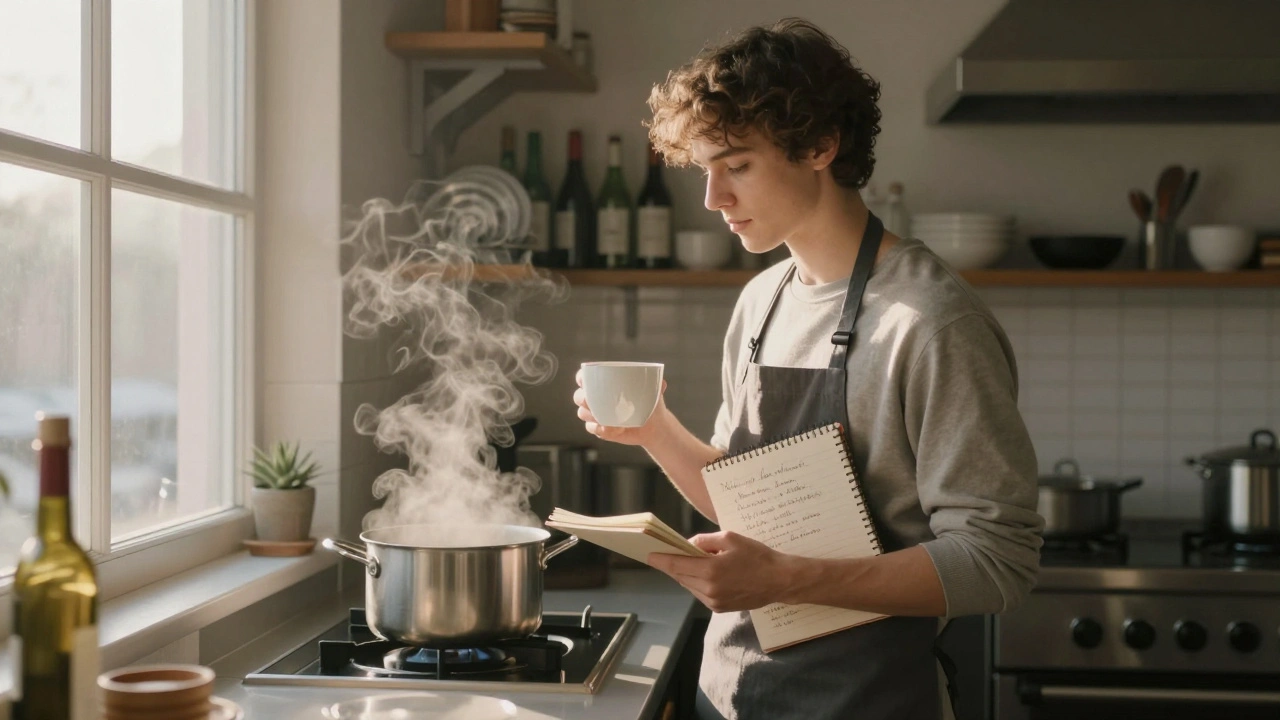 Joven estudiando notas sobre vinos en la cocina de un restaurante al amanecer, delante de una ventana luminosa.