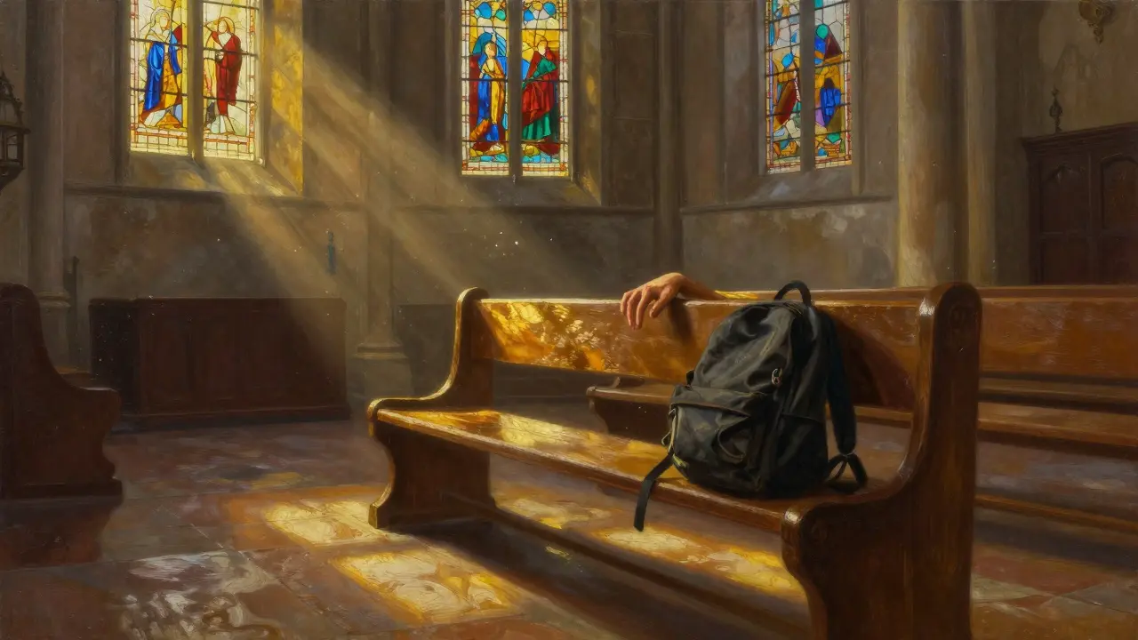 Luz dorada entrando por una iglesia vacía, con una mochila abandonada sobre un banco de madera.