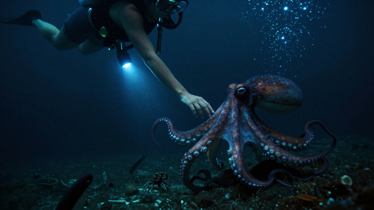Mano de buceador tocando un pulpo en una cueva submarina nocturna, iluminada por una luz azul suave entre plancton bioluminiscente.