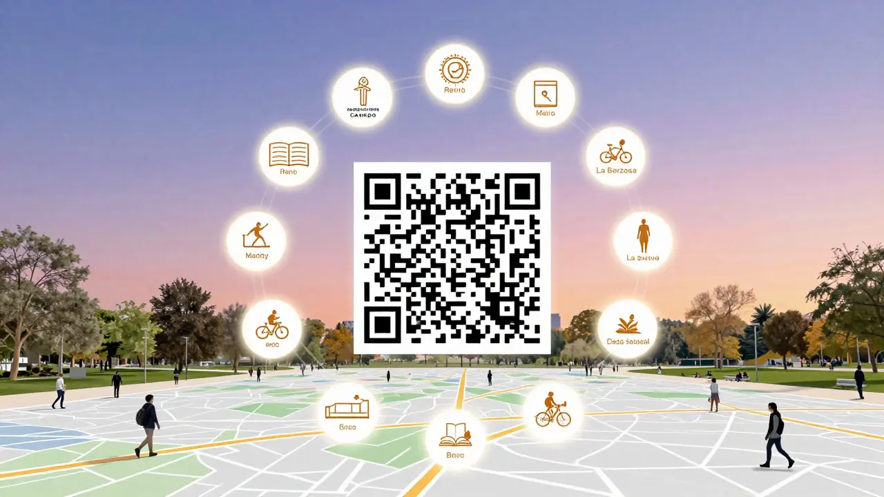 Mapa de Madrid con 14 iconos de parques conectados por un código QR flotante.