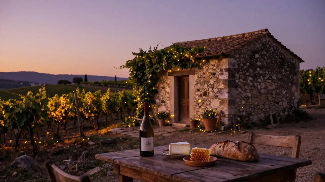 Mesa de madera en un pueblo mallorquín con vino, queso de cabra y pan casero al atardecer.
